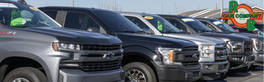 Lineup of used pickup trucks for sale at R&B Car Company in Warsaw, Indiana