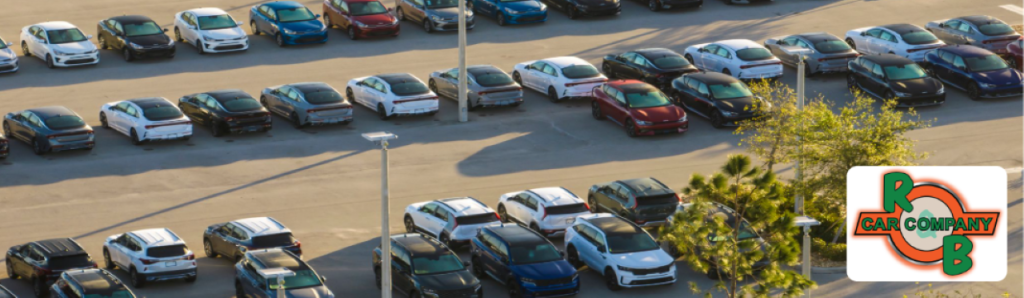 Wide-angle photo of R&B Car Company Warsaw's used vehicle lot near Goshen, Indiana.